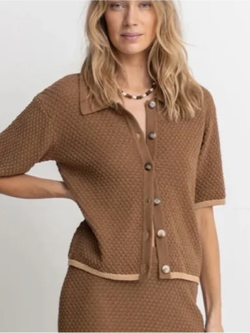 Rhythm Joni Textured Brown Button-Front Knit Top with Contrast Trim Like New